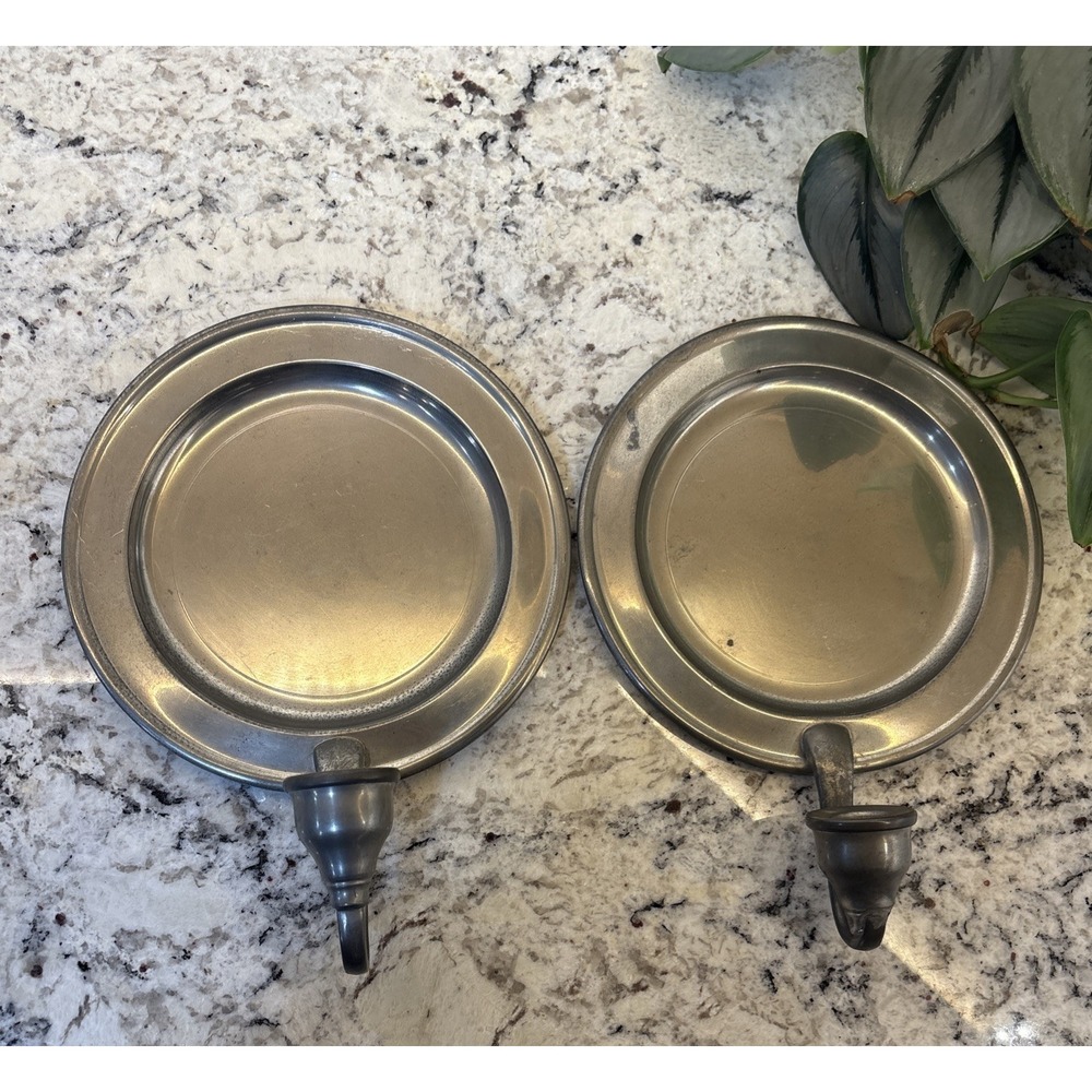 Vintage Pair Woodbury Pewterers Disk Candle Wall Sconces w/Hanging Attachment